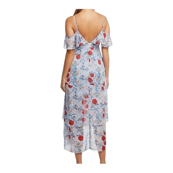 NWT Bardot x Revolve Blue Floral Cold Shoulder Ruffle Hi Low Midi Dress XS - Picture 8 of 16